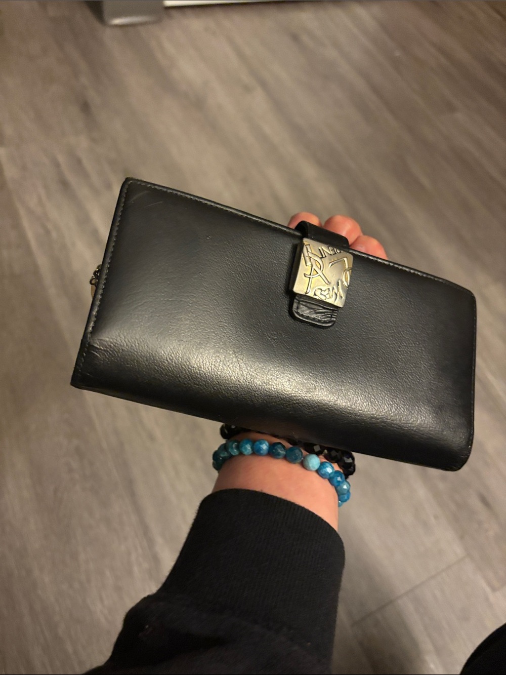 YSL Black Leather Wallet with Branded Metal Snap
